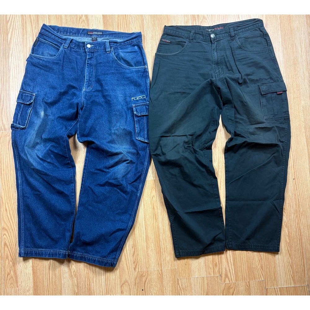 Lot of 2 FUBU Cargo Pants Mens 38x34 Blue Denim Black Canvas Baggy Streetwear